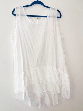 Zedd Plus White Sleeveless Lagenlook Tunic Ruffle Lightweight Flowy Blouse 3X
